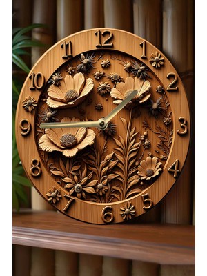 PremiumPort Şık Yuvarlak Ahşap Duvar Saati, Kuvars Hareketli, 3D Görünümlü Tasarım
