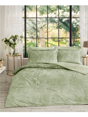 Özdilek Ranforce -White Sakura Yeşil- Lastikli Çarşaflı Battal Boy Çift Kişilik Nevresim Takımı