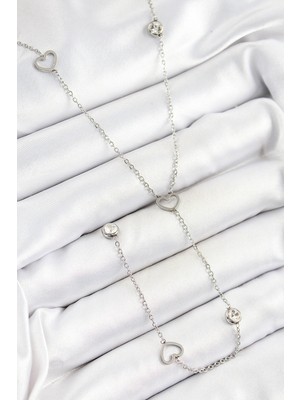 316L Çelik Zirkon Taşlı Kalp Figürlü Y Model Gümüş Renk Kadın Ke