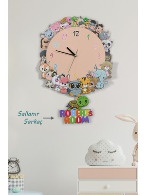 PremiumPort 3 Boyutlu Sevimli Hayvanlar Çocuk Odası Ahşap Duvar Saati Kişiye Özel