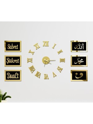 PremiumPort Gümüş Aynalı Pleksi Saat ve 6'lı Dua, Şükret, Sabret Duvar Panosu Seti