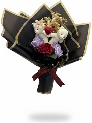 Kamira Ikili Peluş Ayıcık ve Kırmızı Gül Buketi - Sevgililer Günü & Yıldönümü Özel Hediyelik