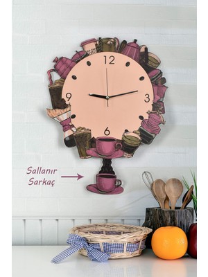 PremiumPort 3 Boyutlu Ahşap Mutfak Saati, Sarkaçlı, Kahve Temalı, Dekoratif Tasarım