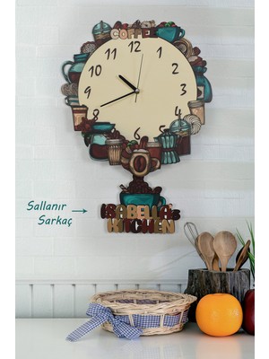 PremiumPort 3 Boyutlu Ahşap Sarkaçlı Mutfak Duvar Saati Kişiye Özel
