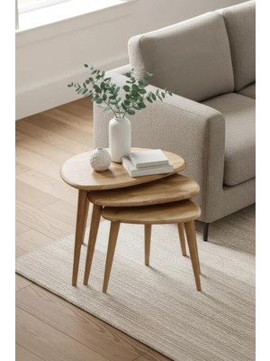FAWdecor Minimalist Oval Tasarım Masif Doğal Ahşap 3'lü Zigon Sehpa Seti – Ahşap Ayaklı