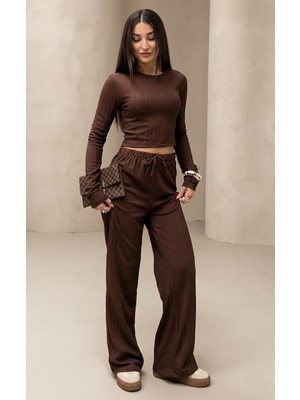 Zeravie Butik Kadın Kahverengi Fitilli Dokulu Bol Paça Pantolon Bluz Ikili Takım