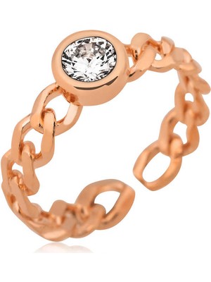 Fumeyabi Gümüş Rose Zincir Desenli Tek Taş Bayan Yüzük