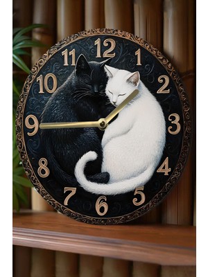 PremiumPort Şık Yuvarlak Ahşap Duvar Saati, 3D Kedi Desenli Kuvars Hareketli