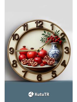 PremiumPort 3D Nar Desenli Ahşap Duvar Saati, Uv Baskılı, 33X33 cm - Şık ve Modern