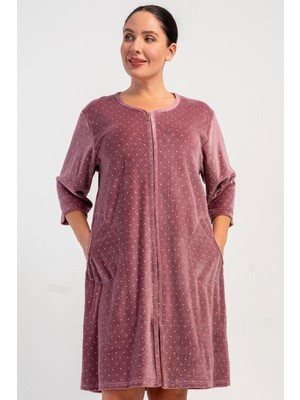 Vienetta Kadın Büyük Beden Kadife Kumaş Fermuarlı Kapri Kol Ev Elbisesi Gecelik C1T1N0705