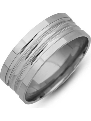 Fumeyabi Gümüş Çizgi Desenli Rodyum Alyans