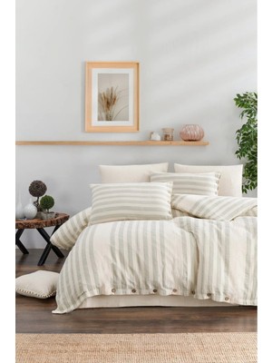 Monochrome %100 Organik Pamuk Müslin Bohem Ahşap Düğmeli Kutulu 4 Parça Çift Kişilik Nevresim Takımı Ekru/yeşil