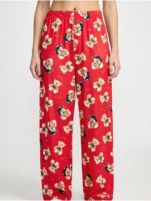 Zeravie Butik Kırmızı Ayıcık Desenli Battal Boy Bol Paça Kadın Pijama Altı