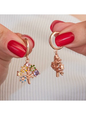 Fumeyabi Gümüş Rose Renkli Taşlı Hayat Ağacı Kadın Küpe