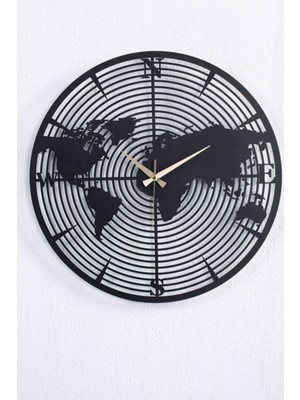 PremiumPort Modern Dünya Haritalı Metal Siyah Duvar Saati 60X60 cm