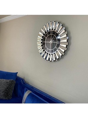 PremiumPort Modern 70 cm Yuvarlak Gümüş Piyano Ayna Saat, Ahşap Tasarım