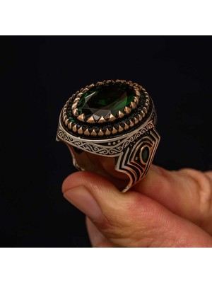 Fumeyabi Gümüş Yeşil Zirkon Taşlı Erkek Yüzük