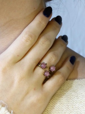 Esha Doğal Taş Pembe Kuvars 3'lü Doğal Taşlı Antik Model Kadın Ayarlanabillir Yüzük EUY88PK