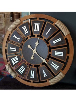 PremiumPort Şık Ahşap Duvar Saati, Hasır Halat Detaylı, Dekoratif ve Modern Tasarım