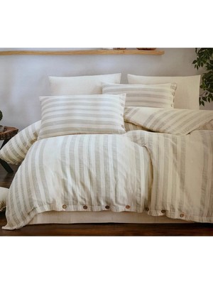 Monochrome %100 Organik Pamuk Müslin Bohem Ahşap Düğmeli Kutulu 4 Parça Nevresim Takımı Ekru/bej