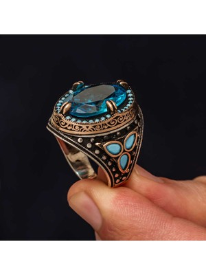 Fumeyabi Gümüş Aquamarine Taşlı Erkek Yüzük