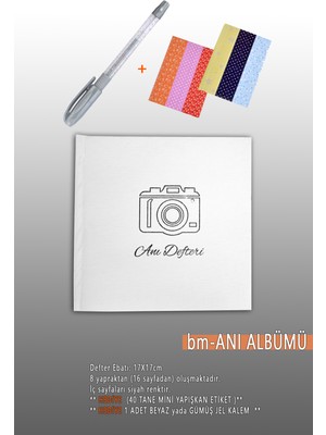Angelphoto  Anı Defteri Fotoğraf Albümü - 17X17 cm - Beyaz Anı Albüm Içi Siyah - Kalem ve Stiker Hediye