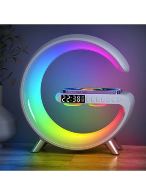 Angelphoto G1 3-In-1 Beyaz Kablosuz Şarj Saat ve Hoparlör Özellikli Masa Lambası