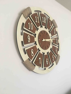 PremiumPort Kahverengi Hasır Detaylı Ahşap Duvar Saati, Şık ve Doğal Tasarım