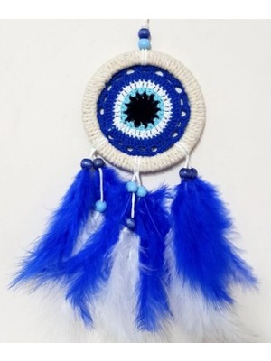 Saks Mavisi Kuş Tüylü Nazar Boncuğu Motifli El Yapımı Duvar Süsü