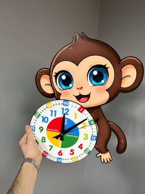 PremiumPort Sevimli Munki Maymun Montessori Ahşap Çocuk Odası Duvar Saati