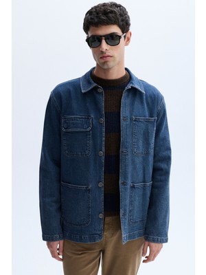 Erkek İndigo Çok Cepli Casual Jean Ceket