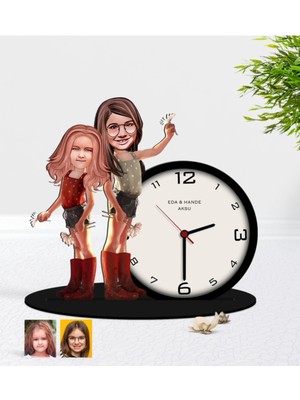 PremiumPort Kişiye Özel Kız Kardeşler Karikatürlü Ahşap Masa Saati
