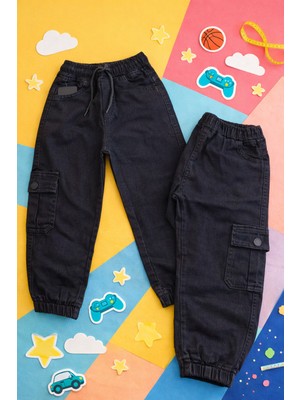 Bulut Anne ve Çocuk Kargo Pantolon Denim Siyah %98 Pamuklu Bel ve Paça Lastikli Kargo Cepli Kız Çocuk Unisex Pantolon