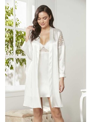 Pierre Cardin 6'lı Saten Gecelik Sabahlık Çeyiz Seti 6955 Ekru
