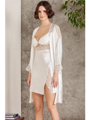 Pierre Cardin Saten Gecelik Sabahlık Pijama Şort 6'lı Gelin Takım 6000 Ekru