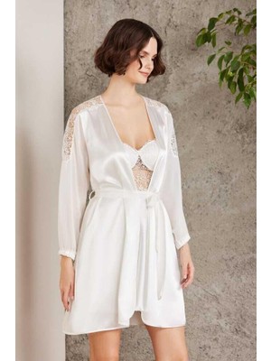 Pierre Cardin Saten Gecelik Sabahlık Pijama Şort 6'lı Gelin Çeyiz Seti Ekru 6005