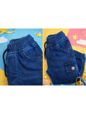 Bulut Anne ve Çocuk Kargo Pantolon Mavi Denim %98 Pamuklu Bel ve Paça Lastikli Kargo Cepli Kız Çocuk Unisex Pantolon
