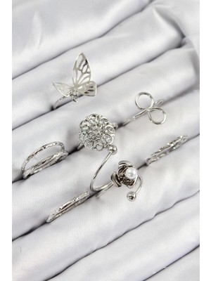 Eco Lounge Pirinç Gül Kelebek Model Gümüş Renk Kadın Yüzük Kombin Set