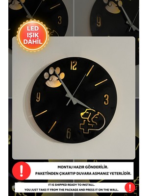 PremiumPort LED Işıklı Modern Siyah Ahşap Duvar Saati 40X40CM Dekoratif ve Sessiz
