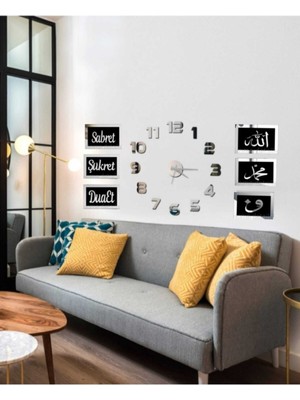 PremiumPort 3D Latin Rakam Duvar Saati ve Sabret Şükret Dua Pano Siyah Gümüş