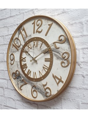 PremiumPort Mermer Desenli Metal Çerçeveli Altın Renkli 50 cm Duvar Saati