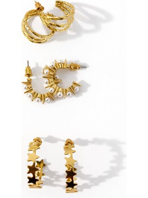 New Obsessions Gold 6'lı Inci ve Yıldız Detaylı Halka Küpe Seti