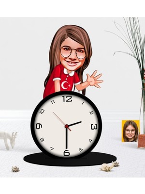 PremiumPort Kişiye Özel Kız Çocuk Karikatürlü Ahşap Biblo ve Masa Saati Seti