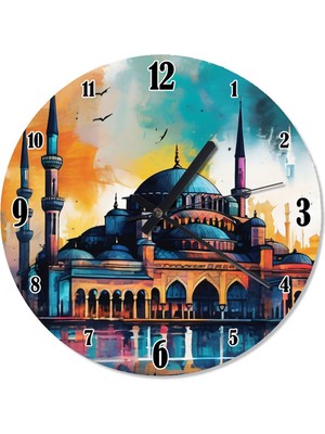 PremiumPort Istanbul Cami Manzaralı Dekoratif Şekilli Duvar Saati