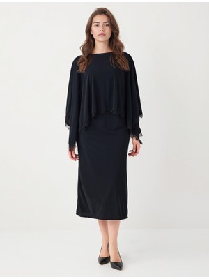 Jimmy Key Siyah Kayık Yaka Truvakar Kol Örme Midi Elbise