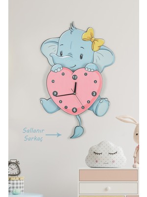 PremiumPort Sevimli Fil ve Kalp Çocuk Odası Ahşap Duvar Saati, Renkli ve Eğlenceli Tasarım