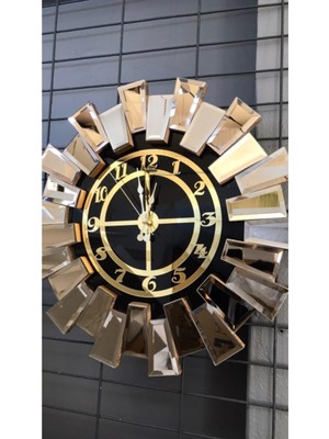 PremiumPort Bronz Rakamlar Piyano Ayna Saat, 50 cm Duvar Saati, Şık Ev Dekoru