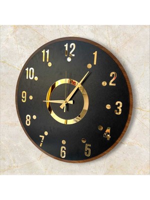 PremiumPort Aynalı Desenli Ahşap Duvar Saati 50CM, Siyah, Gri, Gold Renkli, Sessiz, Dekoratif