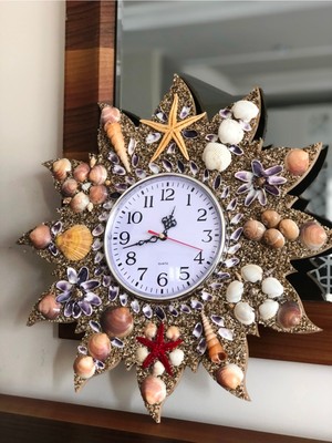 PremiumPort Ahşap Duvar Saati, Deniz Kabuklarıyla Dekoratif ve Sessiz Quartz Mekanizma