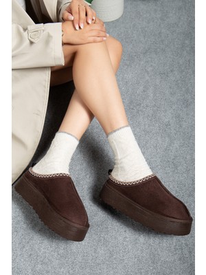 Favorispor Kadın Kışlık Kalın Taban Süet Platform Acı Kahverengi Terlik Tazz